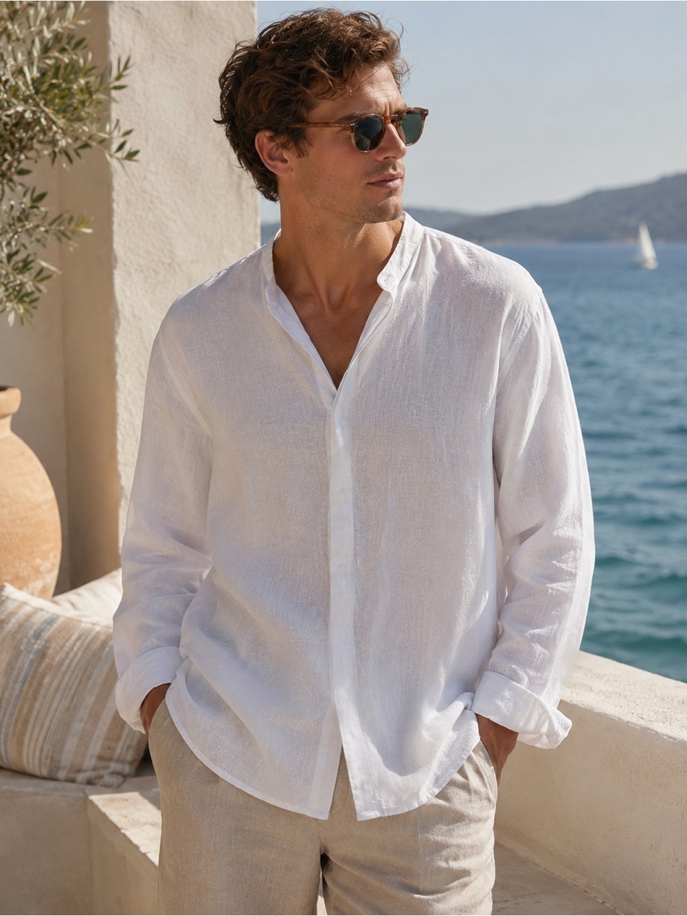 Baird McNutt Irish Linen White Linen Button-Down Shirt w Mandarin Collar Beach L